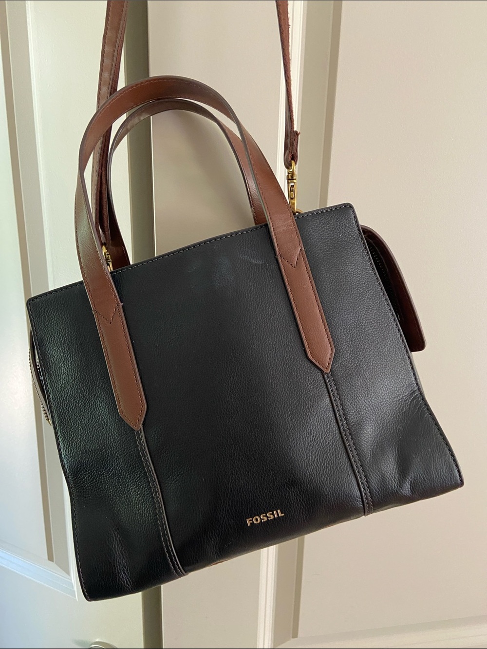 Fossil Black Leather Sara Satchel with Brown Handles
